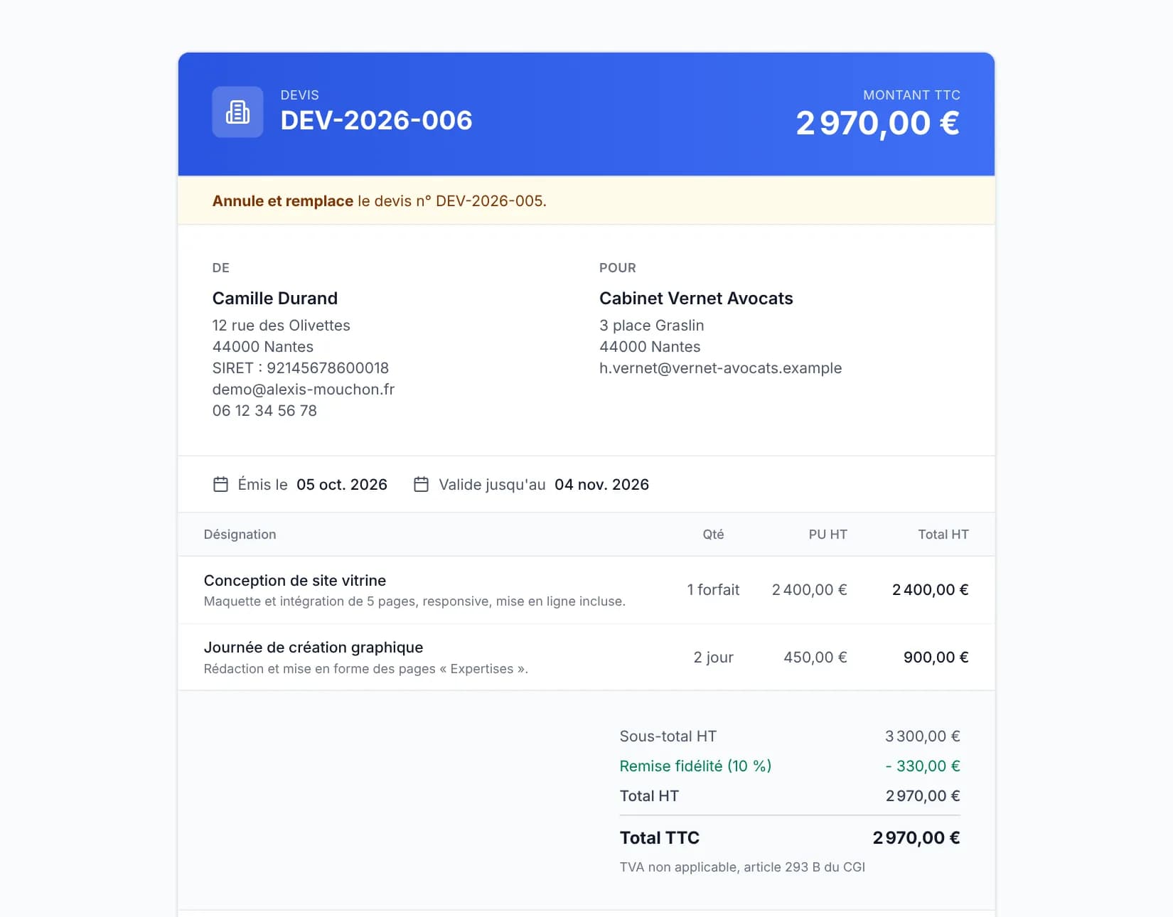 Page que reçoit le client : le devis en ligne, à accepter ou refuser en un clic.