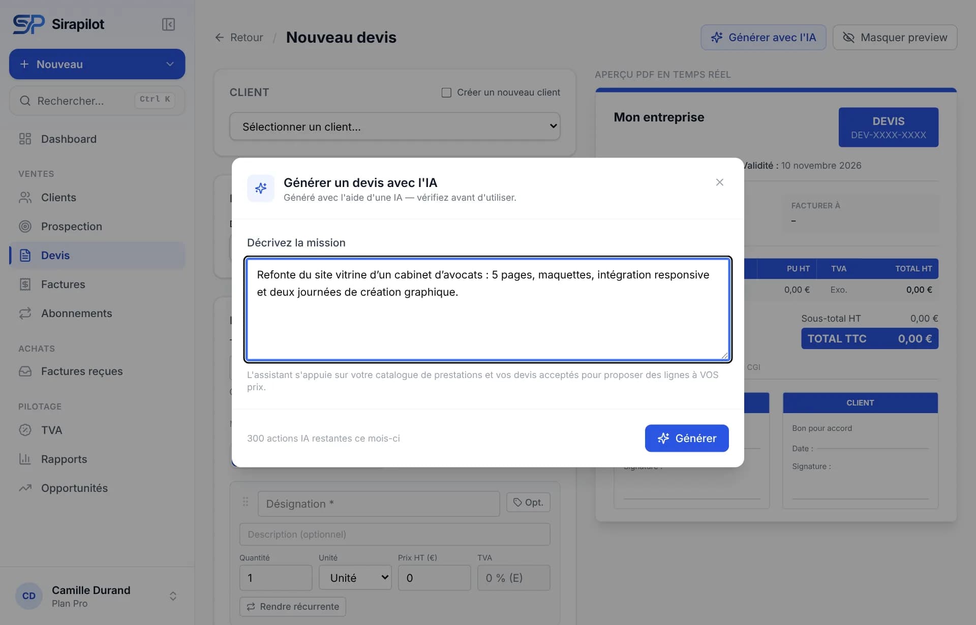 Assistant IA : la mission décrite en une phrase, Sirapilot propose un devis chiffré à partir du catalogue.