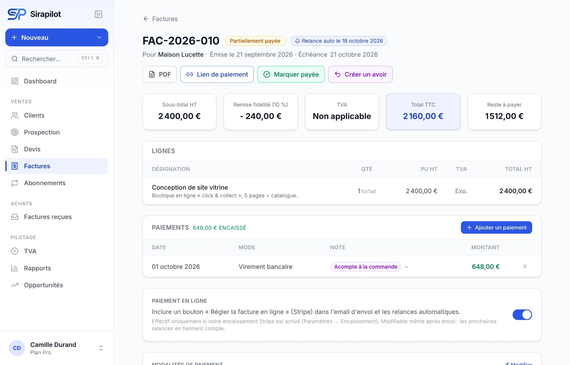 Facture partiellement payée : acompte de 30 % encaissé, solde à la livraison, échéancier.