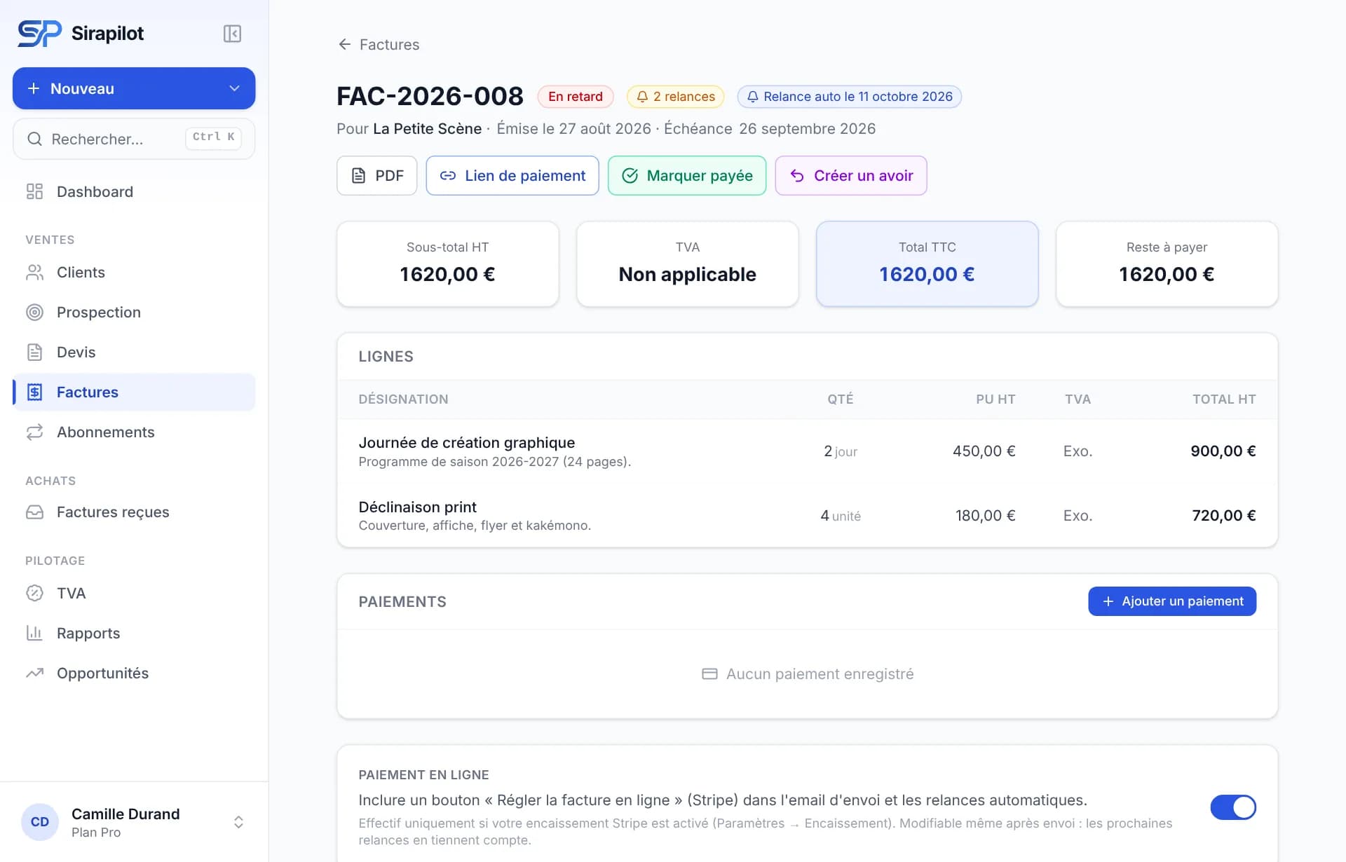 Facture en retard : deux relances déjà envoyées, prochaine relance automatique, lien de paiement par carte.
