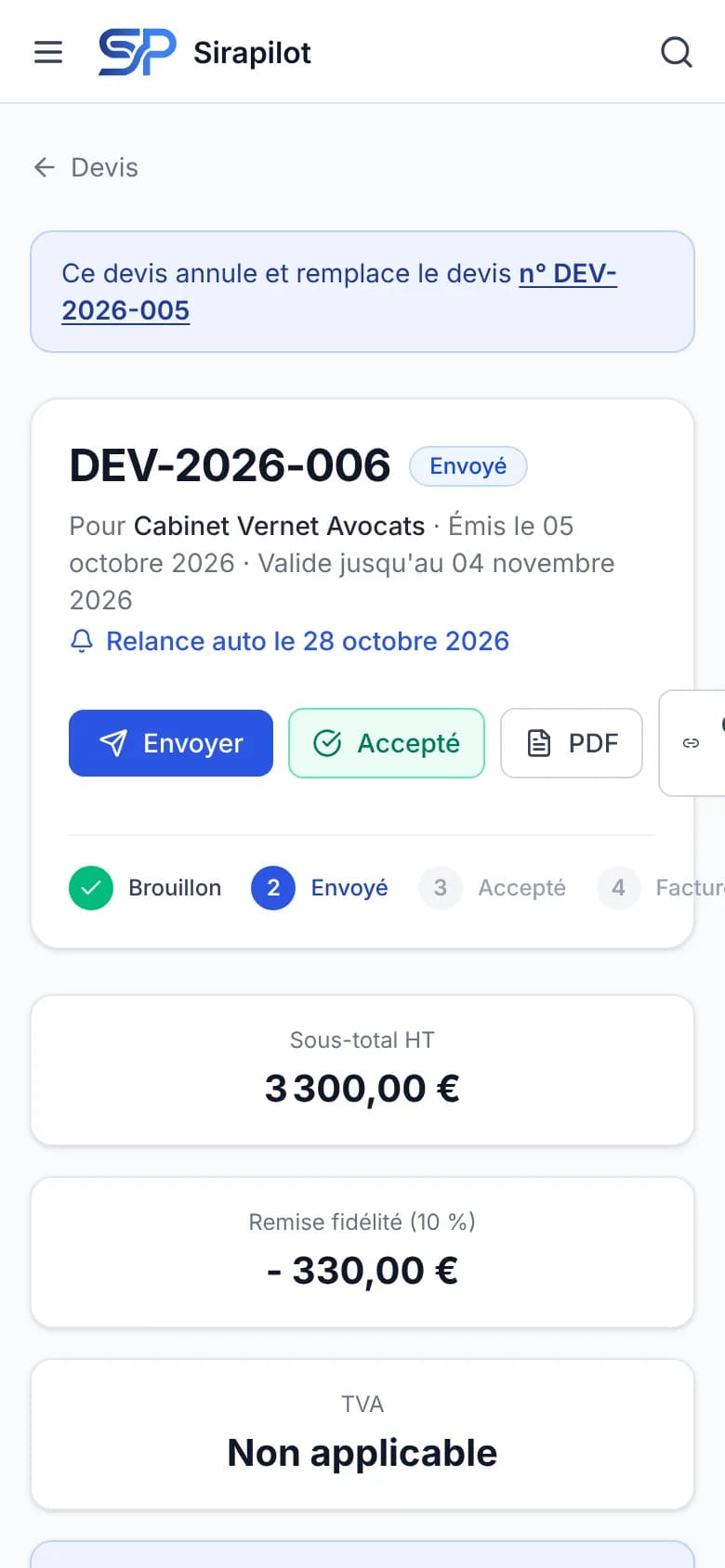 Devis sur téléphone : envoyer, marquer accepté, télécharger le PDF.