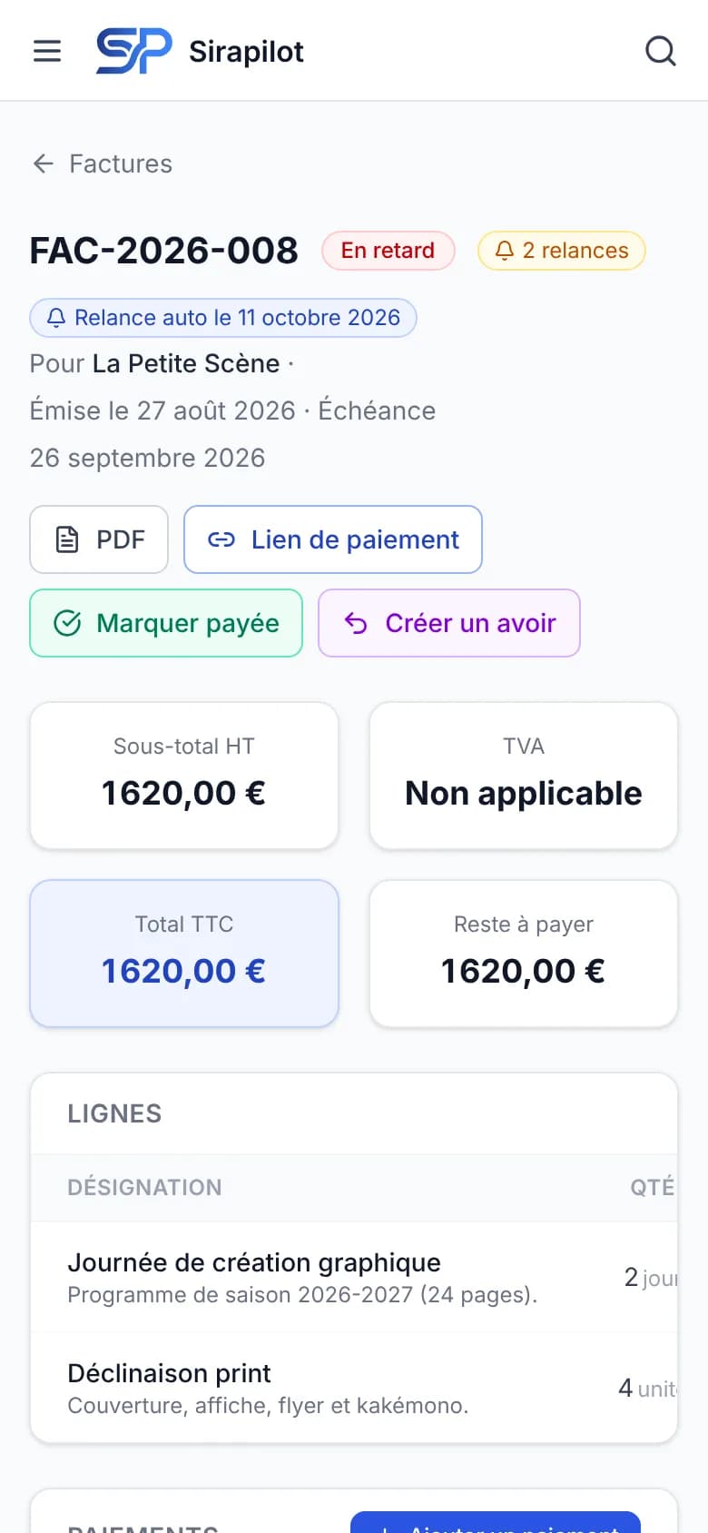 Facture en retard sur téléphone : relances, lien de paiement, marquer payée.