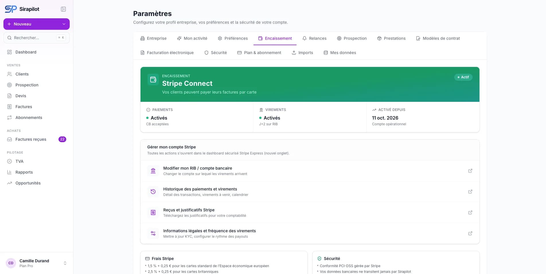 Encaissement Stripe Connect actif : paiements par carte et virements activés, gestion du RIB, de l’historique des paiements et des justificatifs.
