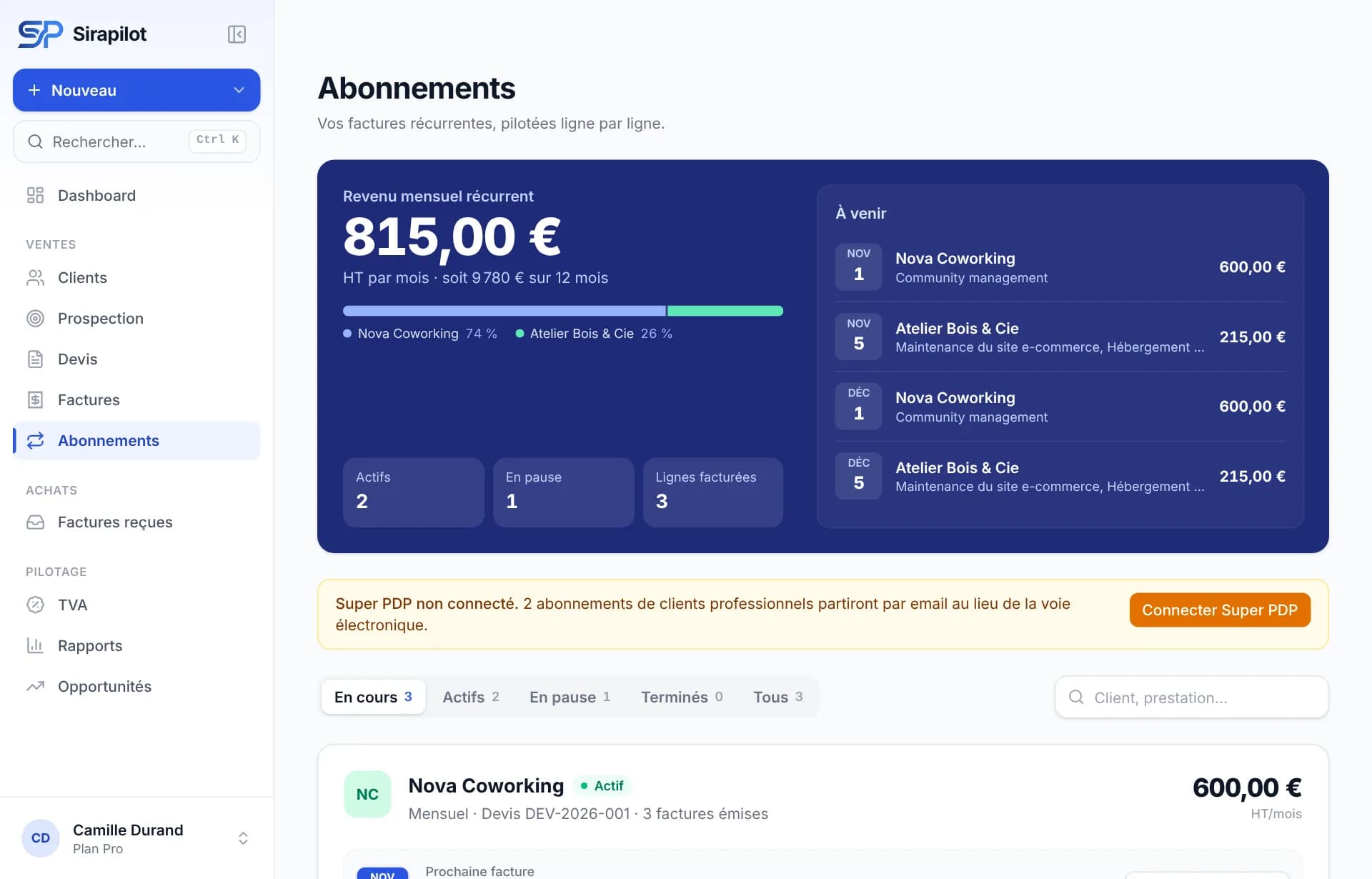 Abonnements : revenu mensuel récurrent, répartition par client et prochaines factures programmées.
