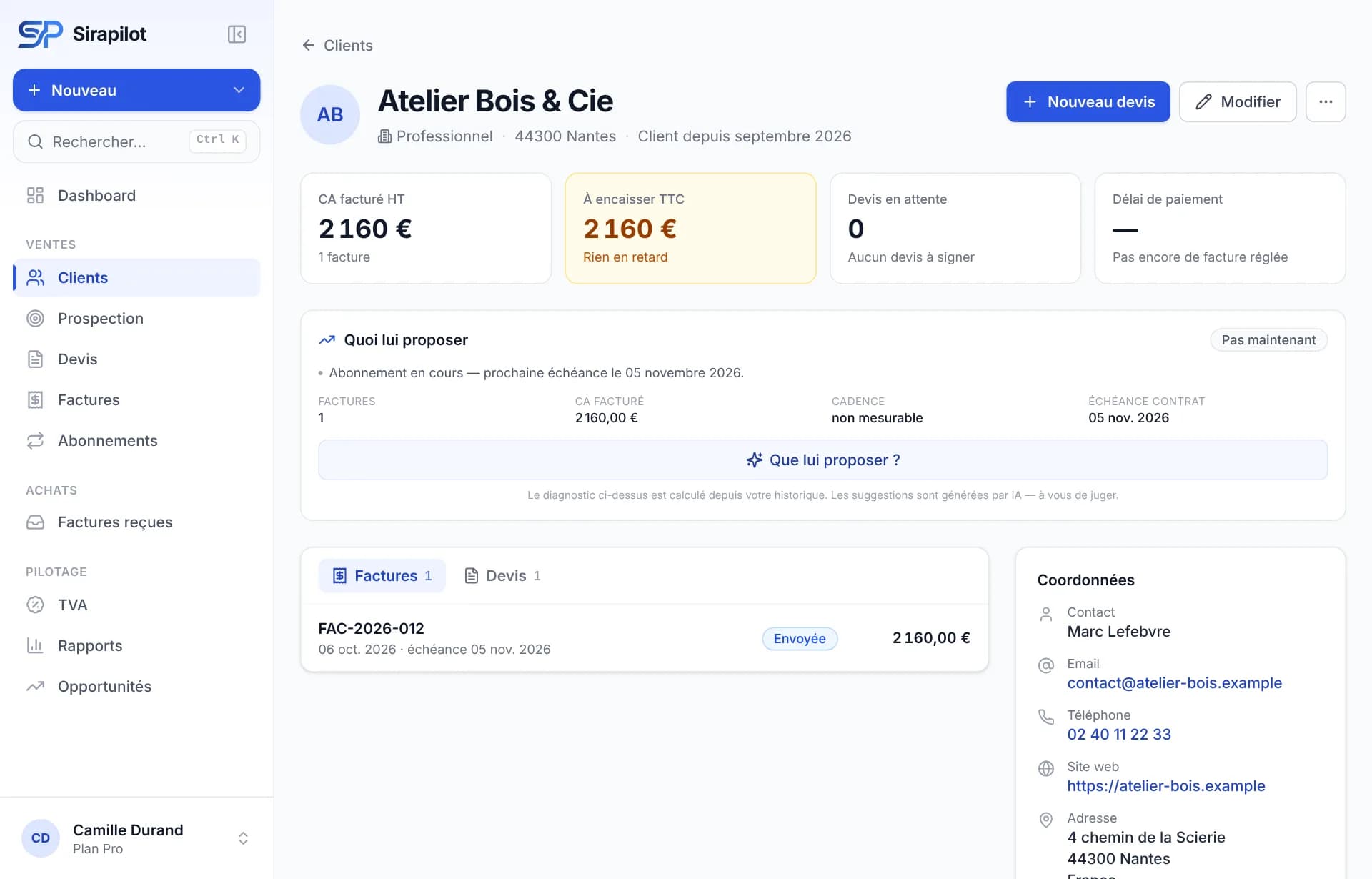 Fiche client : chiffre facturé, reste à encaisser, devis en attente et suggestion de recontact.