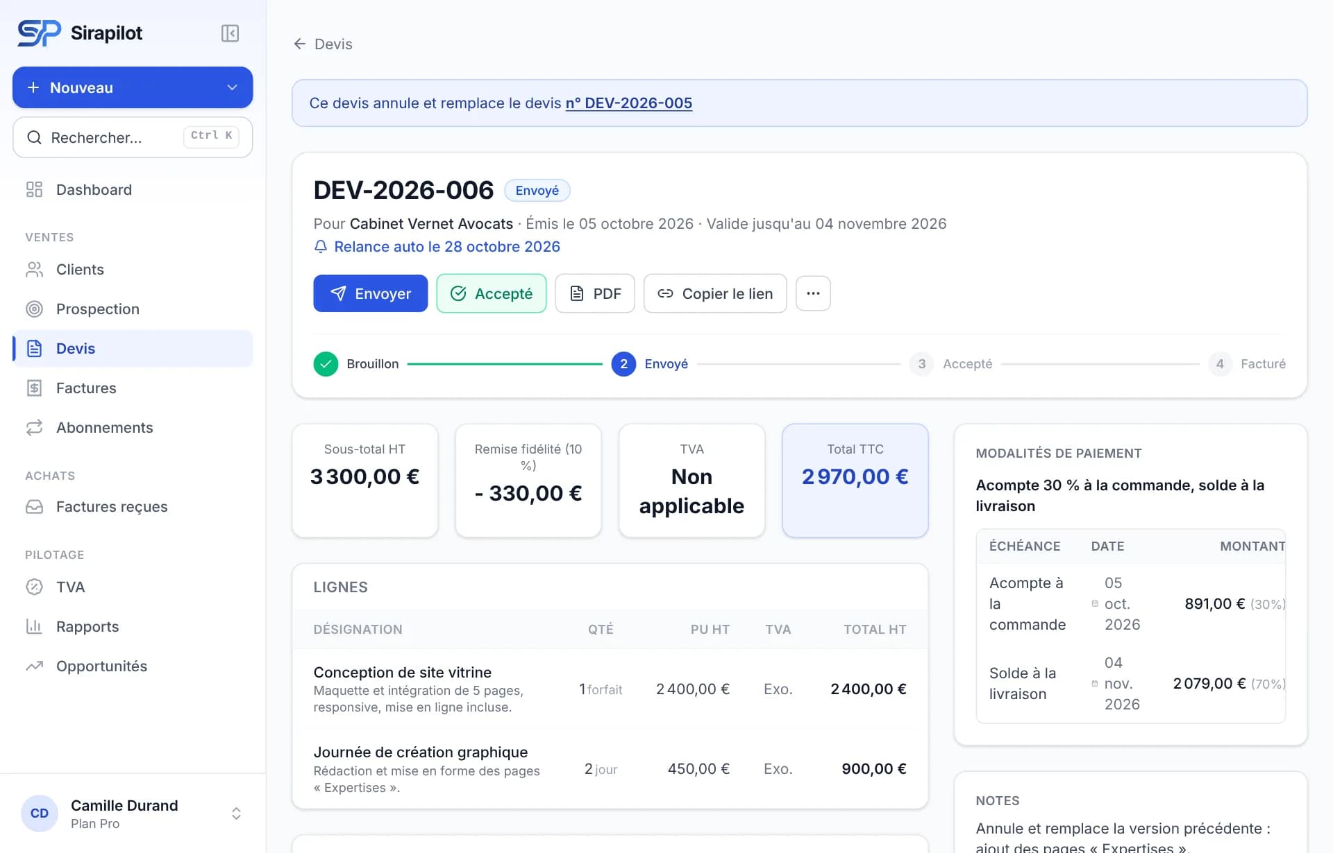 Devis envoyé : lignes, remise fidélité, total, suivi du statut et relance automatique programmée.