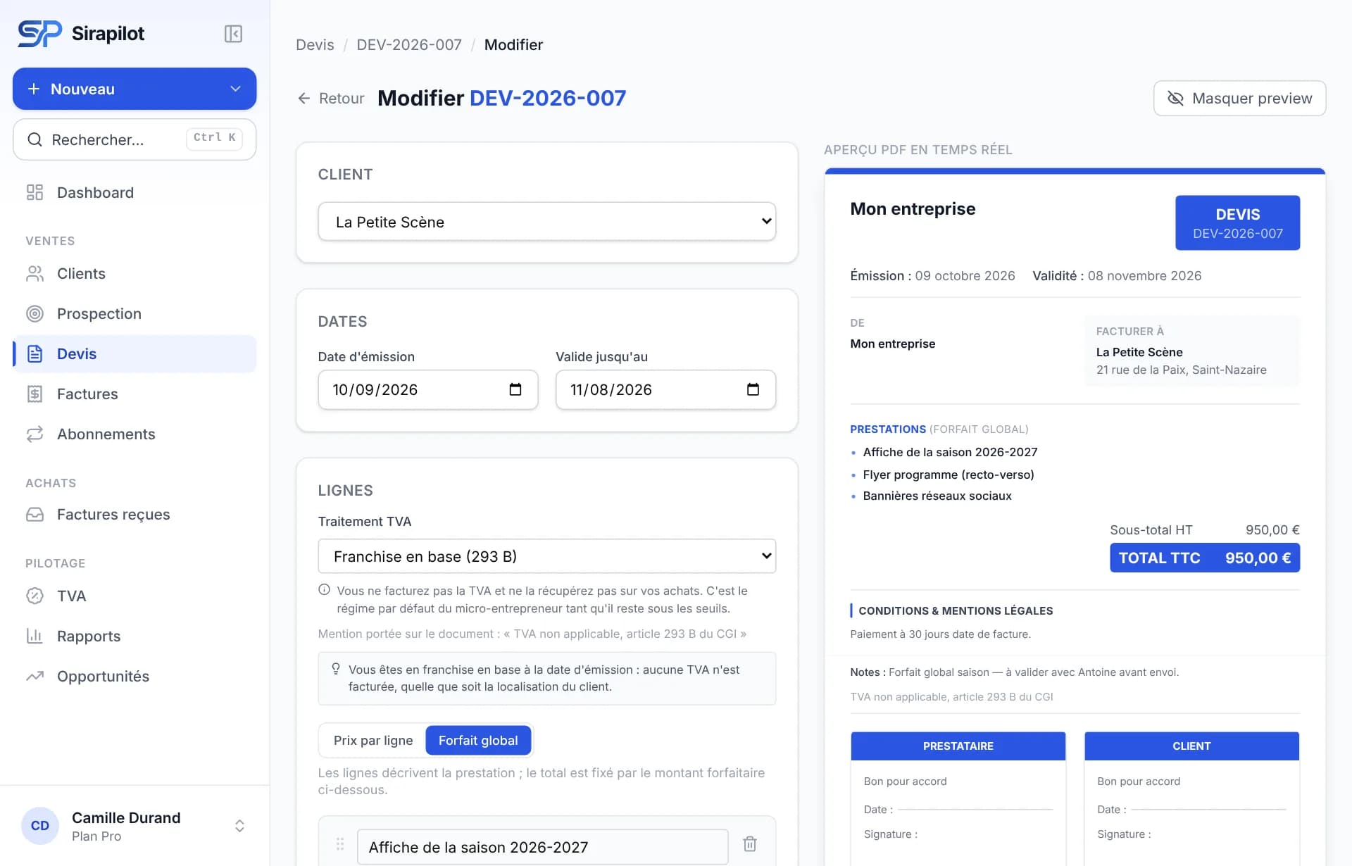 Éditeur de devis : client, dates, lignes du catalogue avec unités, aperçu du document en direct.