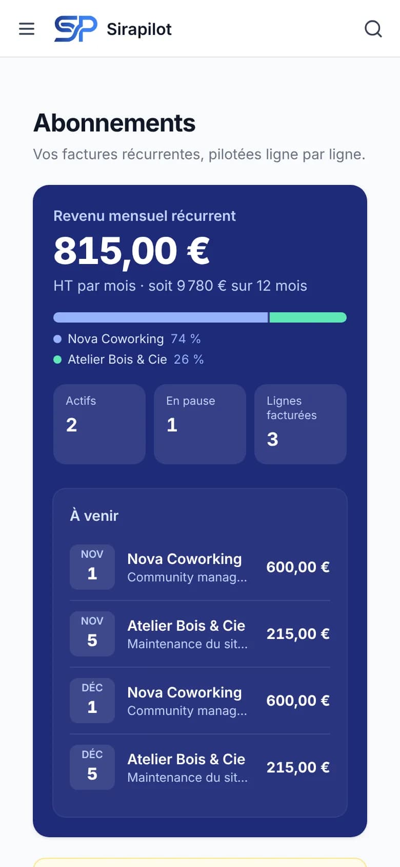 Abonnements sur téléphone : revenu mensuel récurrent et prochaines factures.