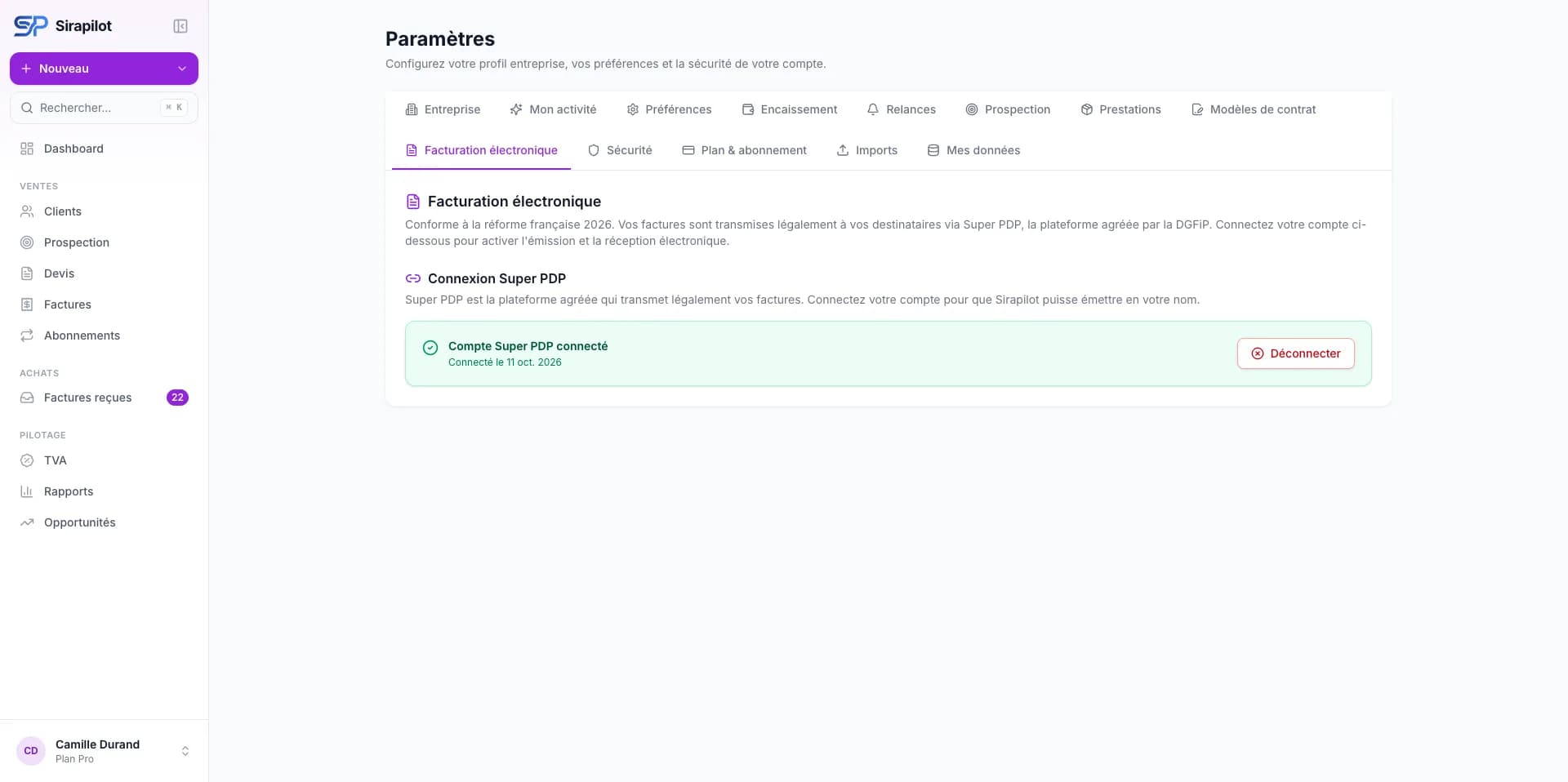 Facturation électronique : compte Super PDP connecté, Sirapilot émet et reçoit les factures électroniques en ton nom via la plateforme agréée.