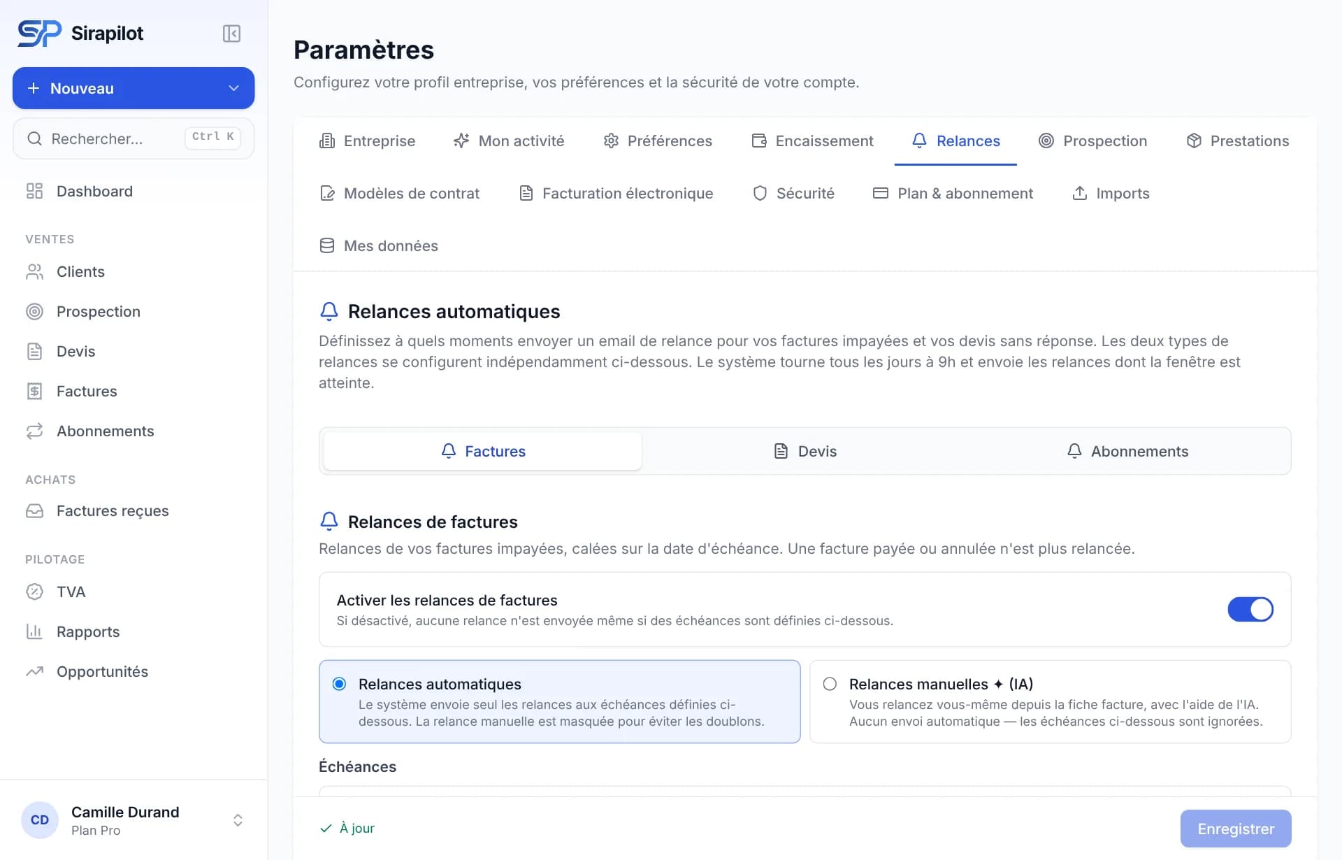Paramètres des relances : calendrier avant et après l’échéance, modèles de messages personnalisables.